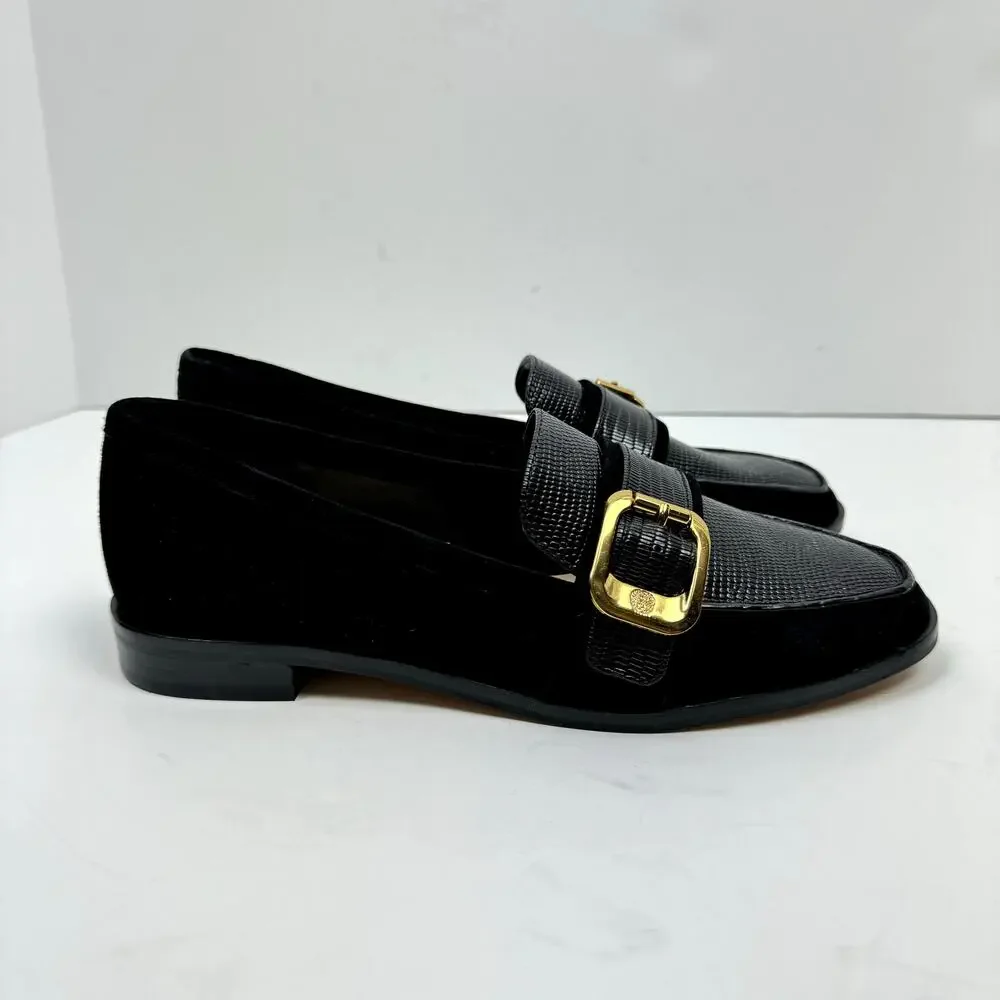 NEW Vince Camuto Cenkanda Black Leather & Suede Gold Buckle Slip On Loafer Flat